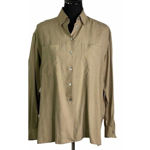 Jaeger Vintage Button Front Shirt Brown Long Sleeve Collared Pockets 100% Silk S - Picture 2 of 10